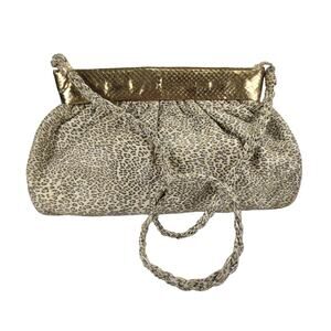 Vintage Kcee Leopard Leather Shoulder Bag Gold Snakeskin Trim Frame Purse